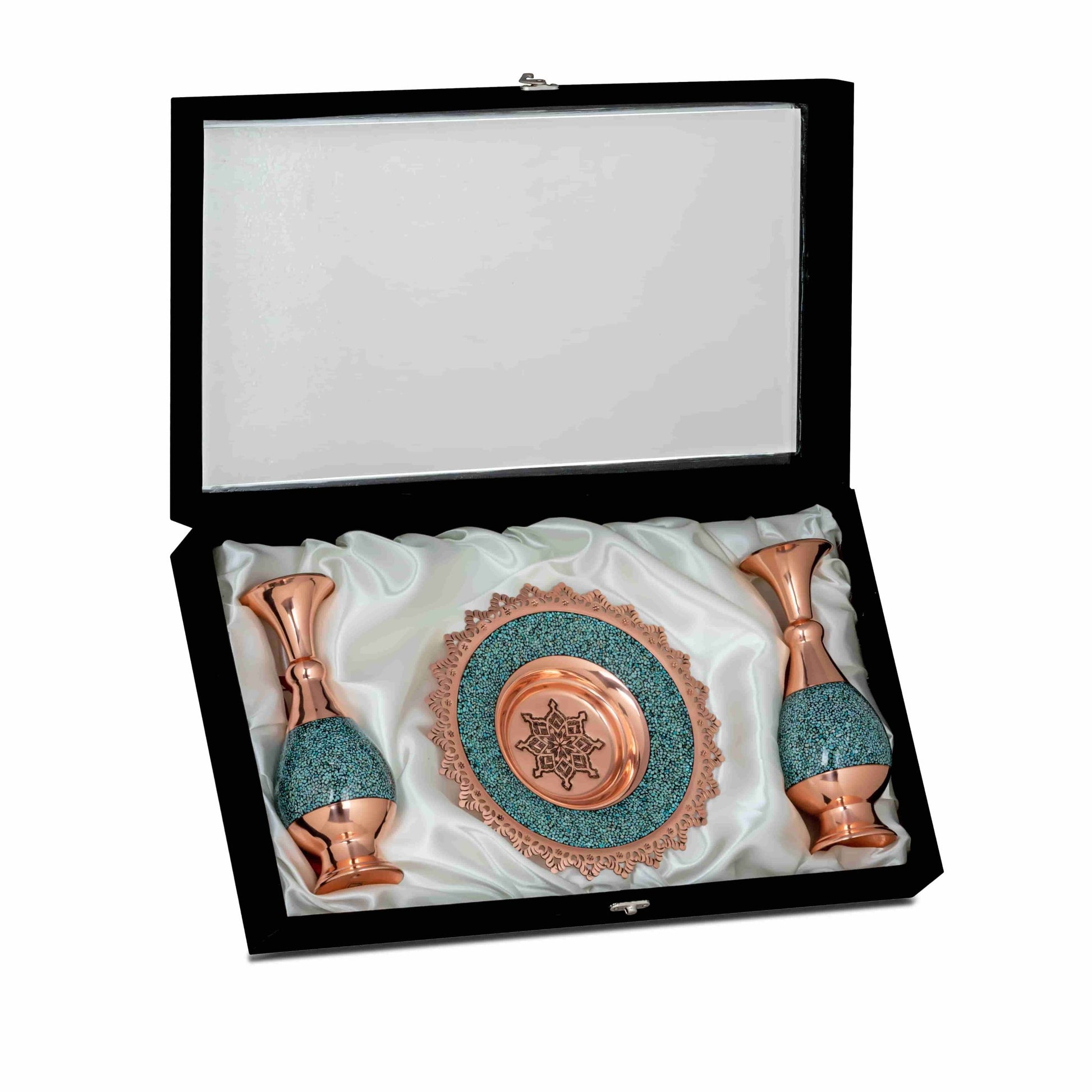 Handmade Persian Turquoise Inlaid Copper (Firoozeh Koobi) Vase and Plate Gift set. A unique decorative art piece, perfect for home décor, gifts, or collectibles.