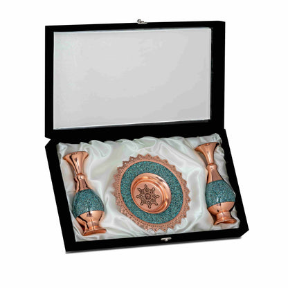 Handmade Persian Turquoise Inlaid Copper (Firoozeh Koobi) Vase and Plate Gift set. A unique decorative art piece, perfect for home décor, gifts, or collectibles.