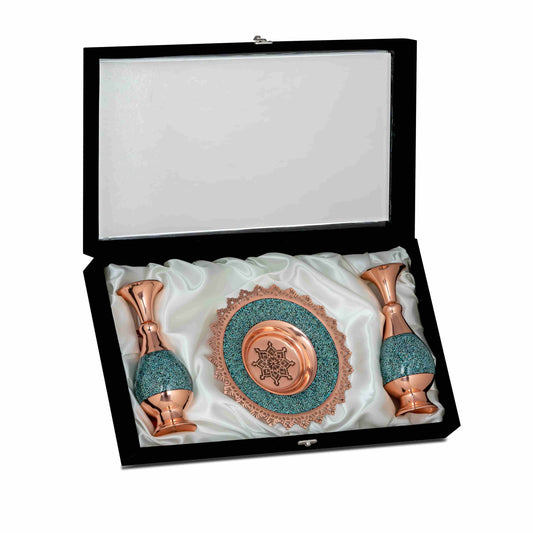 Handmade Persian Turquoise Inlaid Copper (Firoozeh Koobi) Vase and Plate Gift set. A unique decorative art piece, perfect for home décor, gifts, or collectibles.