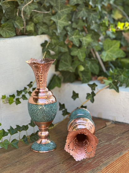 Handmade Persian Turquoise Inlaid Copper (Firoozeh Koobi) Hyacinth vase. A unique decorative art piece, perfect for home décor, gifts, or collectibles.