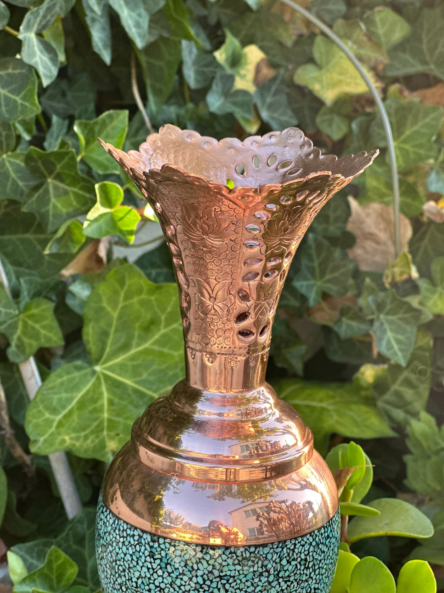 Handmade Persian Turquoise Inlaid Copper (Firoozeh Koobi) Hyacinth vase. A unique decorative art piece, perfect for home décor, gifts, or collectibles.