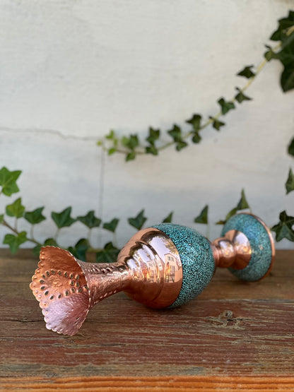 Handmade Persian Turquoise Inlaid Copper (Firoozeh Koobi) Hyacinth vase. A unique decorative art piece, perfect for home décor, gifts, or collectibles.