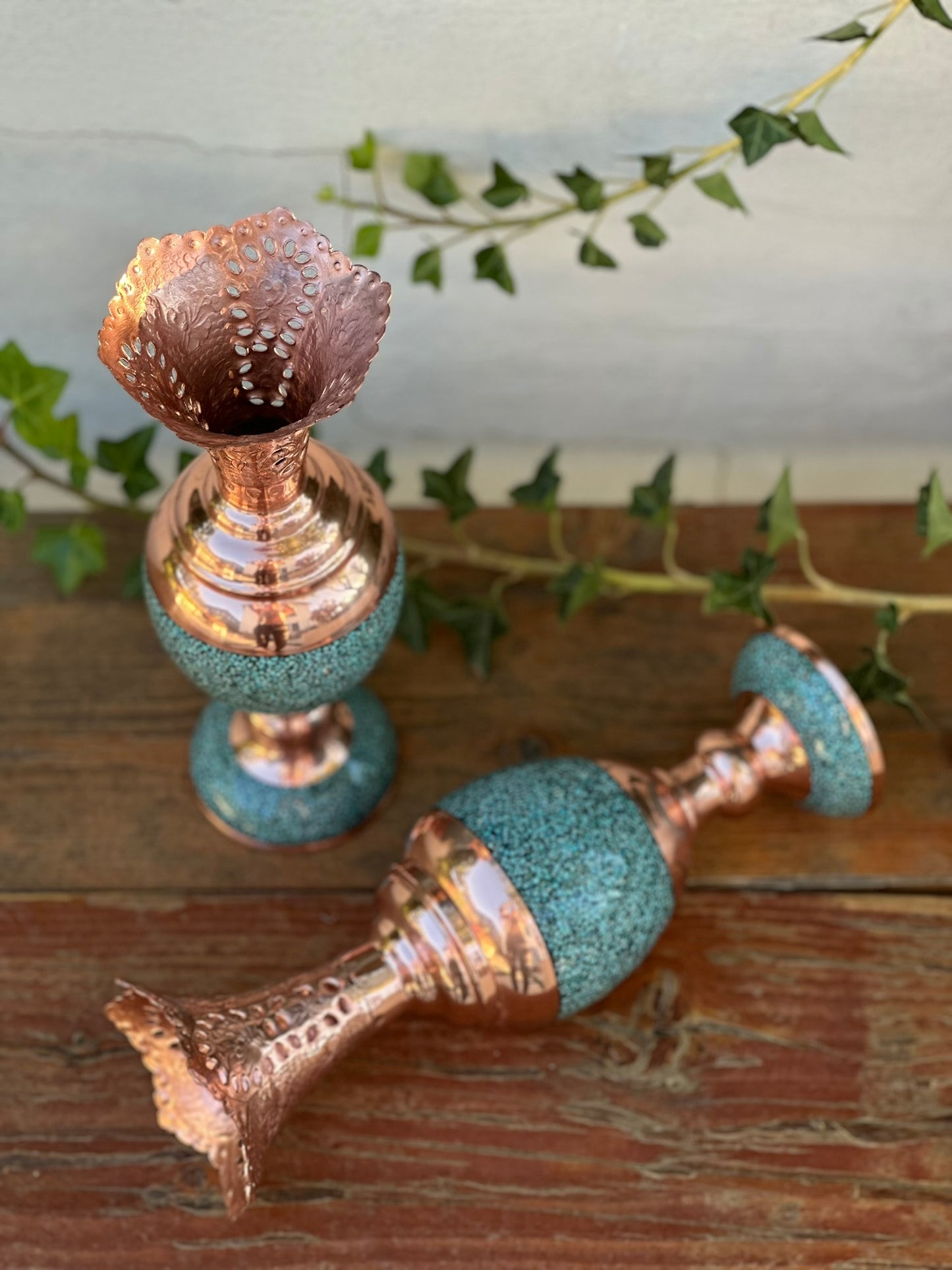 Handmade Persian Turquoise Inlaid Copper (Firoozeh Koobi) Hyacinth vase. A unique decorative art piece, perfect for home décor, gifts, or collectibles.