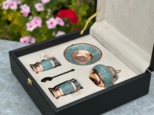 Handmade Persian Turquoise Inlaid Copper (Firoozeh Koobi) Tea Cup and Saucer Gift Set. A handmade decorative centerpiece, perfect for gifts or home décor.
