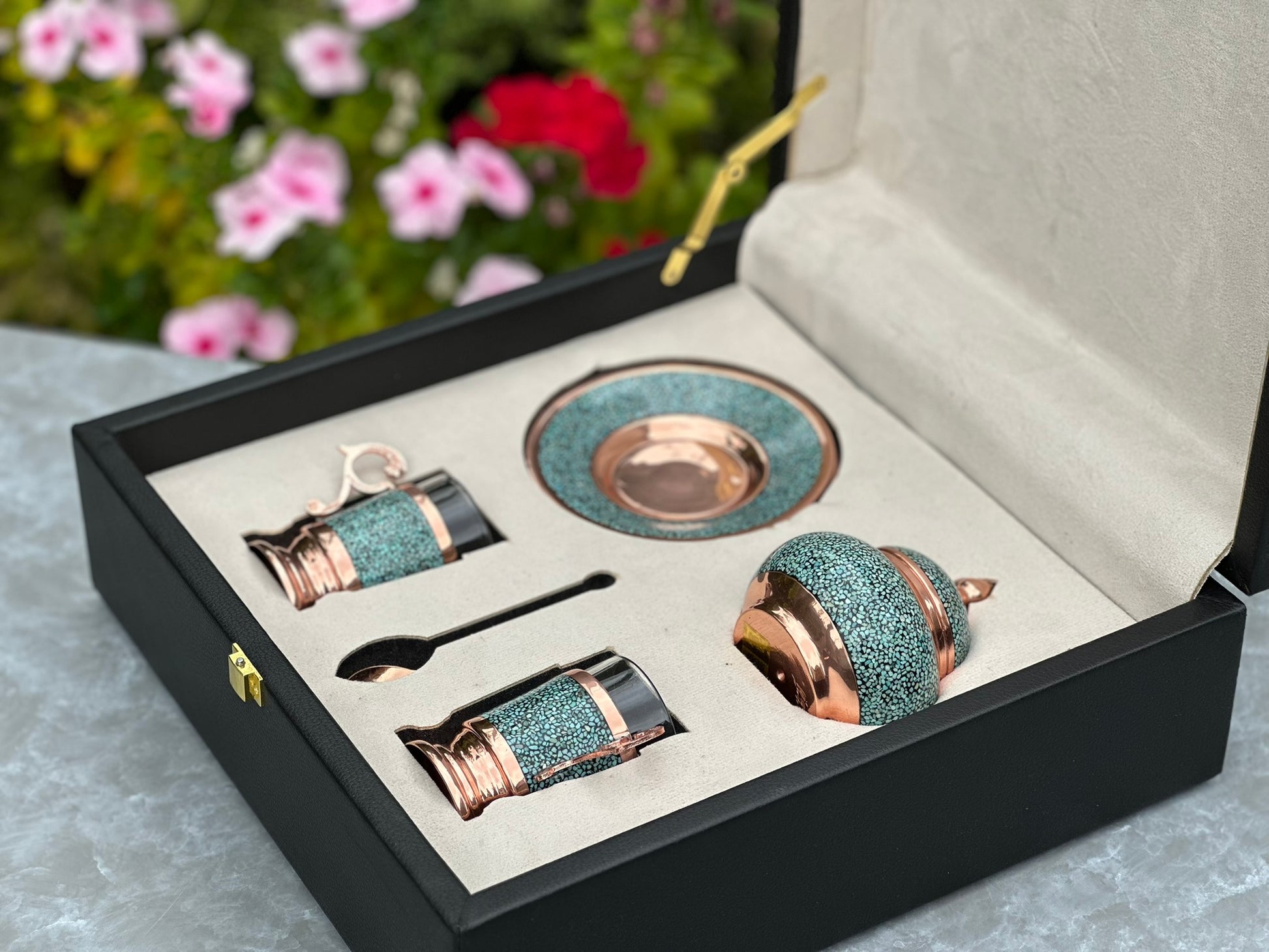 Handmade Persian Turquoise Inlaid Copper (Firoozeh Koobi) Tea Cup and Saucer Gift Set. A handmade decorative centerpiece, perfect for gifts or home décor.