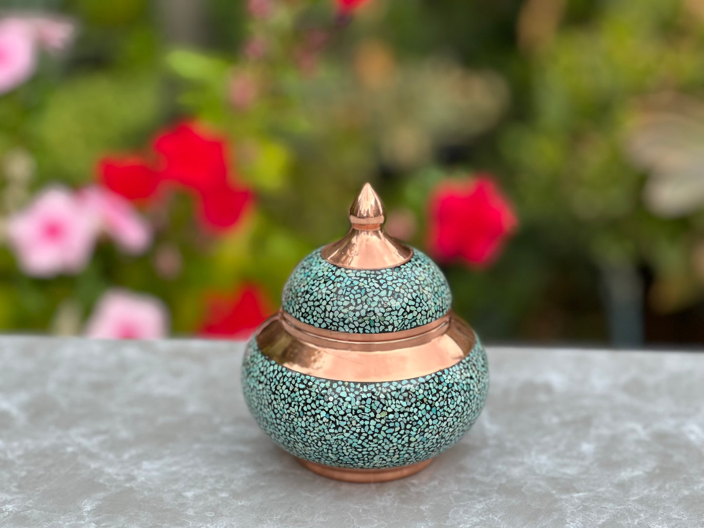 Handmade Persian Turquoise Inlaid Copper (Firoozeh Koobi) VIP Tea Gift Set. A handmade decorative centerpiece, perfect for gifts or home décor.