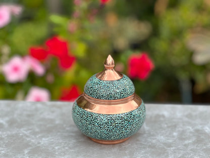 Handmade Persian Turquoise Inlaid Copper (Firoozeh Koobi) VIP Tea Gift Set. A handmade decorative centerpiece, perfect for gifts or home décor.