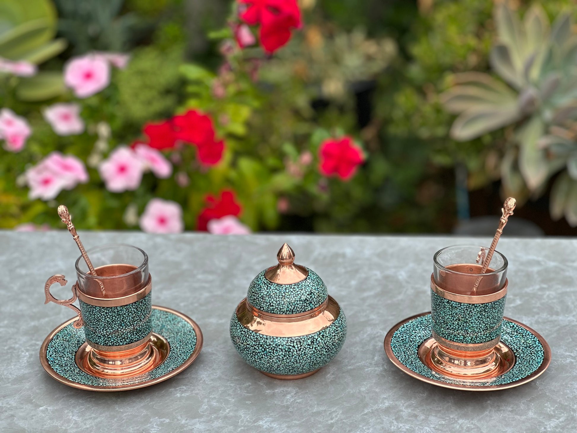 Handmade Persian Turquoise Inlaid Copper (Firoozeh Koobi) Tea Cup and Saucer Gift Set. A handmade decorative centerpiece, perfect for gifts or home décor.