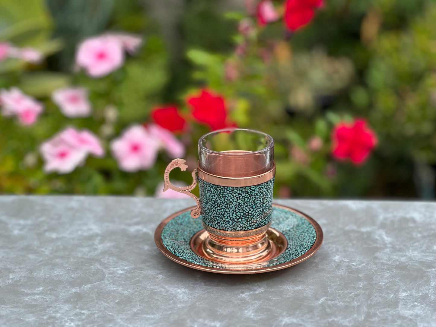 Handmade Persian Turquoise Inlaid Copper (Firoozeh Koobi) Tea Cup and Saucer Gift Set. A handmade decorative centerpiece, perfect for gifts or home décor.