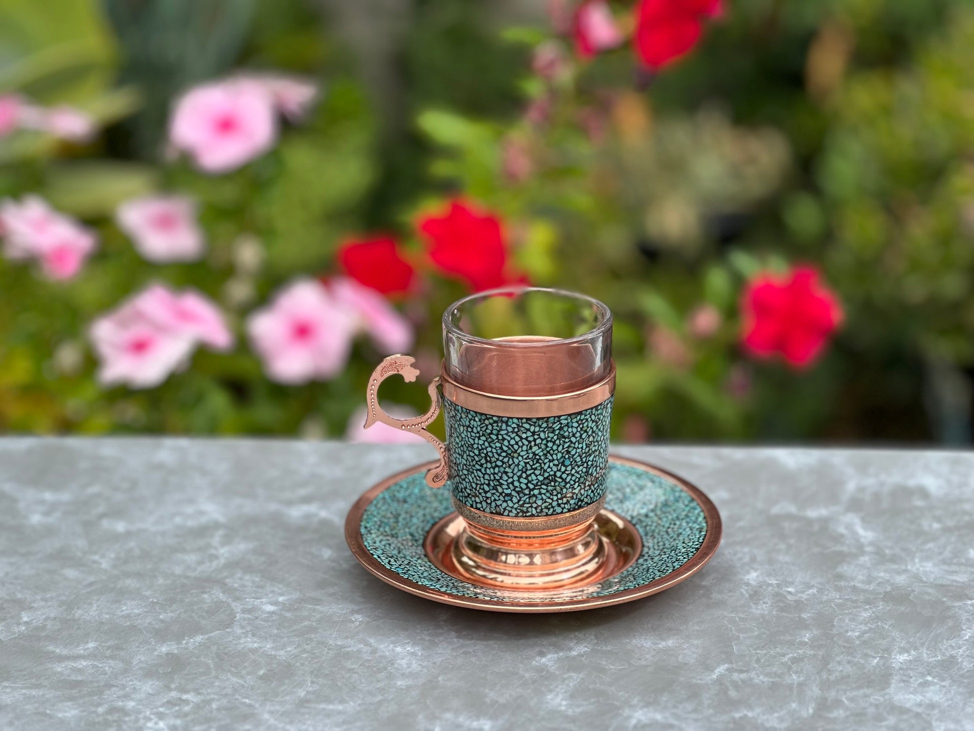 Handmade Persian Turquoise Inlaid Copper (Firoozeh Koobi) Tea Cup and Saucer Gift Set. A handmade decorative centerpiece, perfect for gifts or home décor.