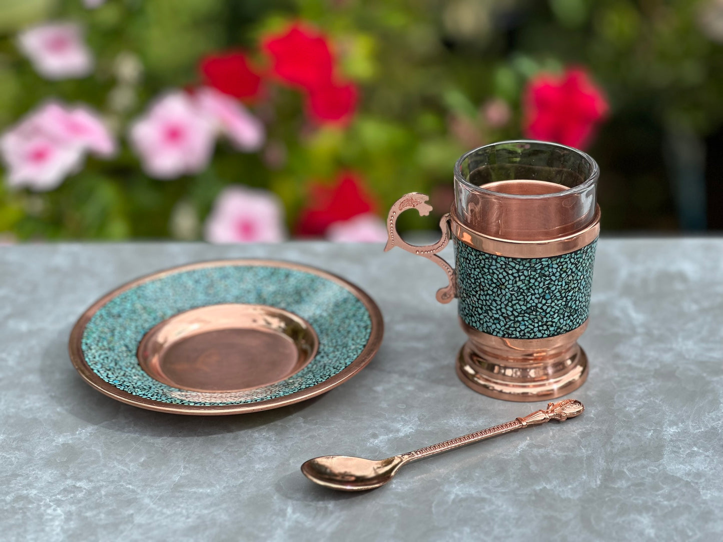 Handmade Persian Turquoise Inlaid Copper (Firoozeh Koobi) Tea Cup and Saucer Gift Set. A handmade decorative centerpiece, perfect for gifts or home décor.