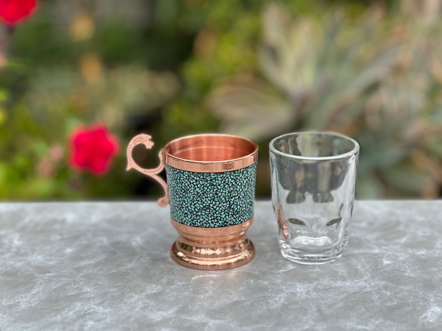 Handmade Persian Turquoise Inlaid Copper (Firoozeh Koobi) Tea Cup and Saucer Gift Set. A handmade decorative centerpiece, perfect for gifts or home décor.