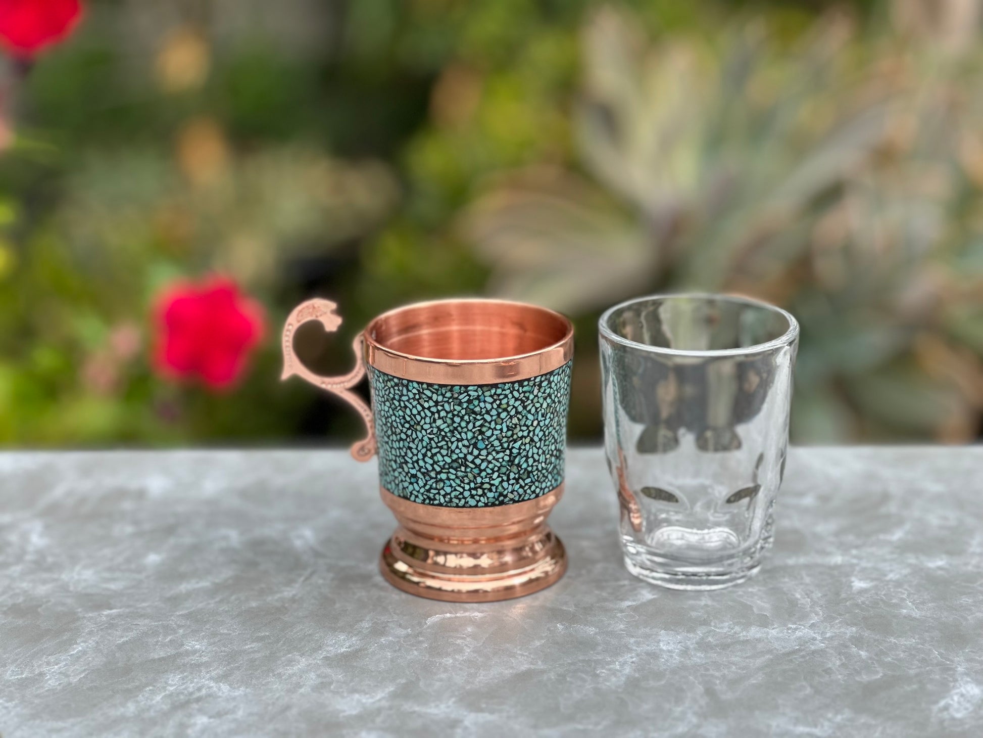 Handmade Persian Turquoise Inlaid Copper (Firoozeh Koobi) Tea Cup and Saucer Gift Set. A handmade decorative centerpiece, perfect for gifts or home décor.