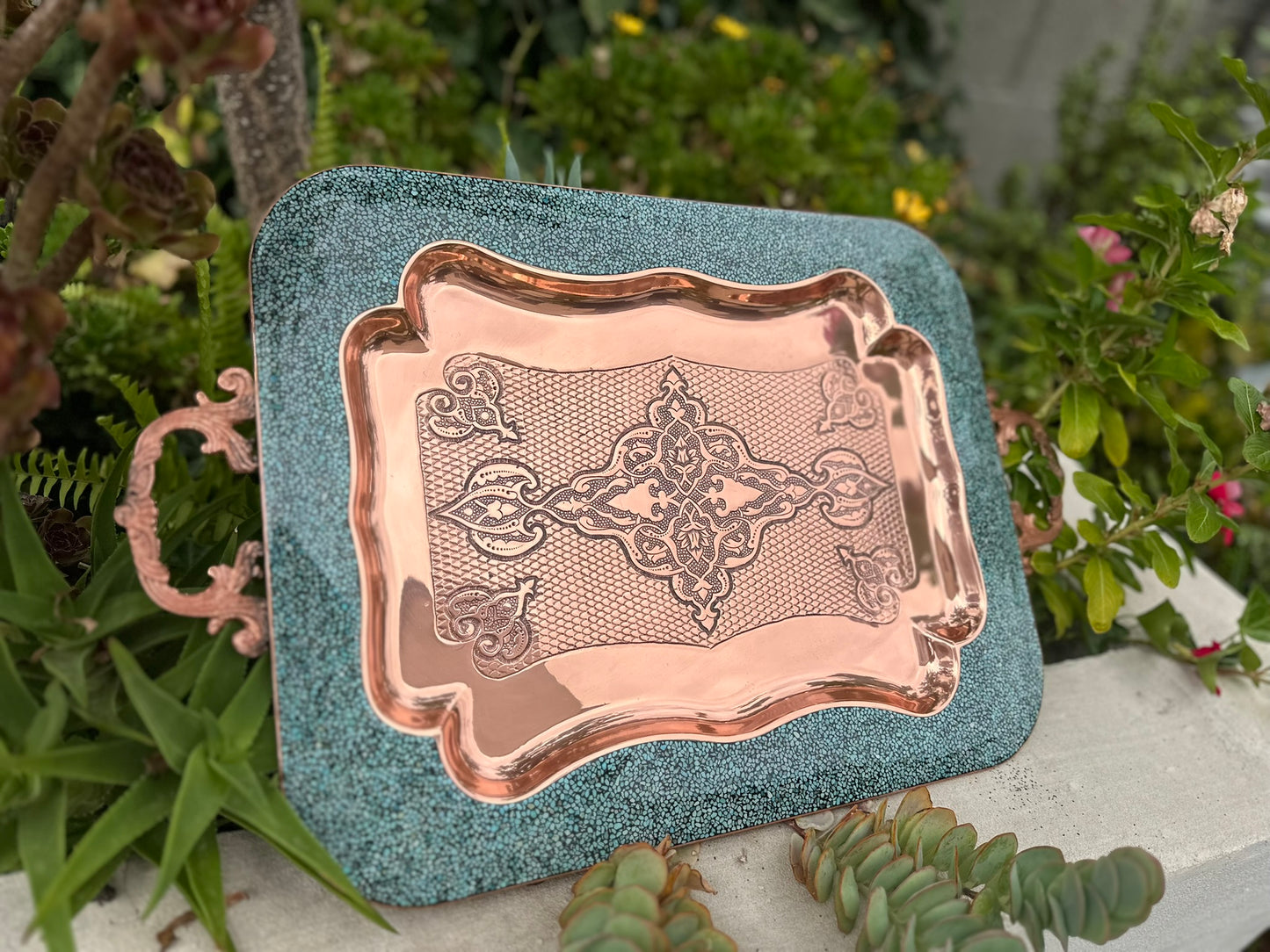 Handmade Persian Turquoise Inlaid Copper (Firoozeh Koobi) VIP Tea Gift Set. A handmade decorative centerpiece, perfect for gifts or home décor.