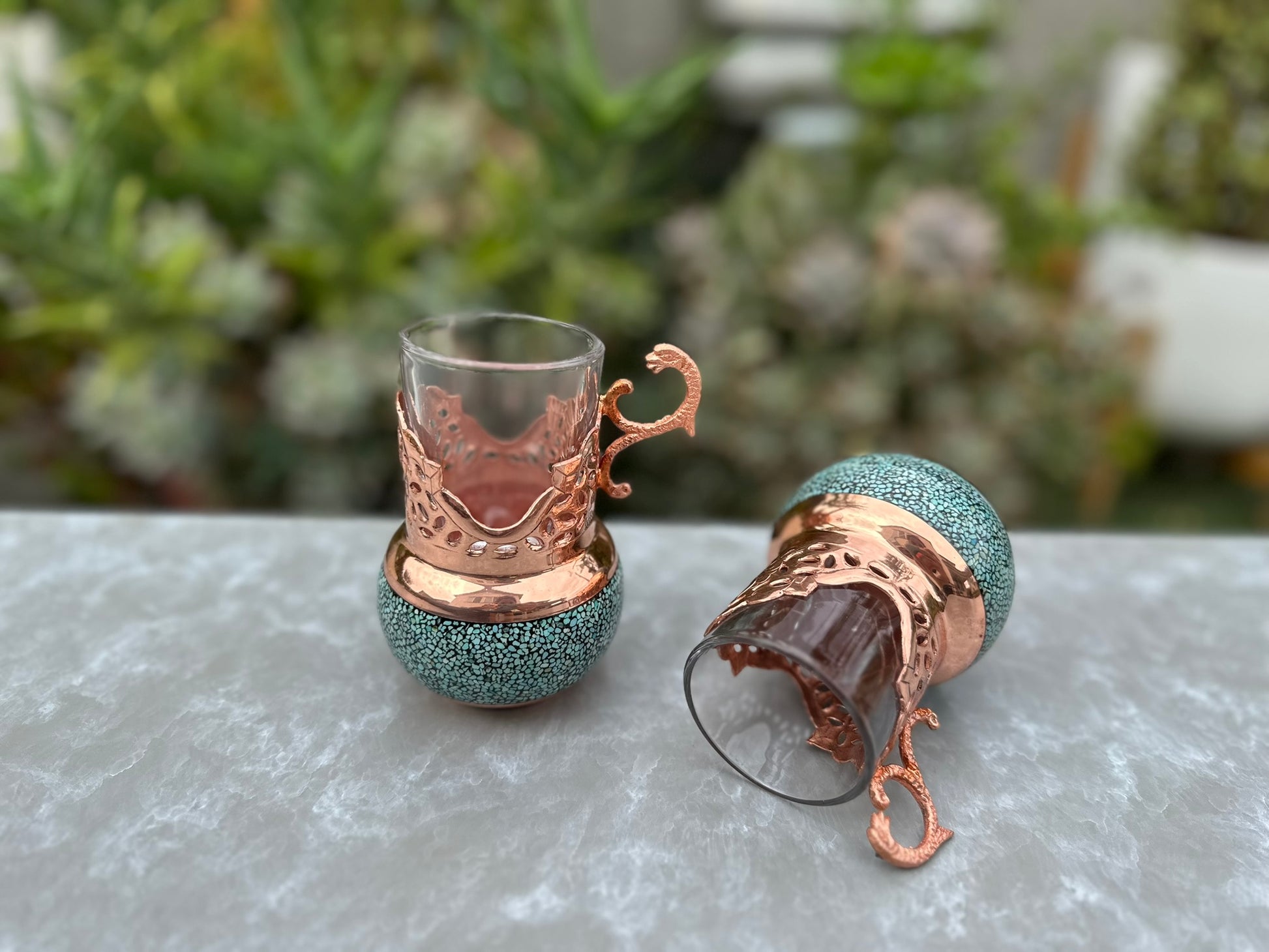 Handmade Persian Turquoise Inlaid Copper (Firoozeh Koobi) VIP Tea Gift Set. A handmade decorative centerpiece, perfect for gifts or home décor.