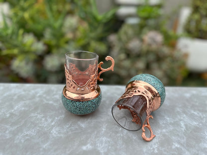 Handmade Persian Turquoise Inlaid Copper (Firoozeh Koobi) VIP Tea Gift Set. A handmade decorative centerpiece, perfect for gifts or home décor.