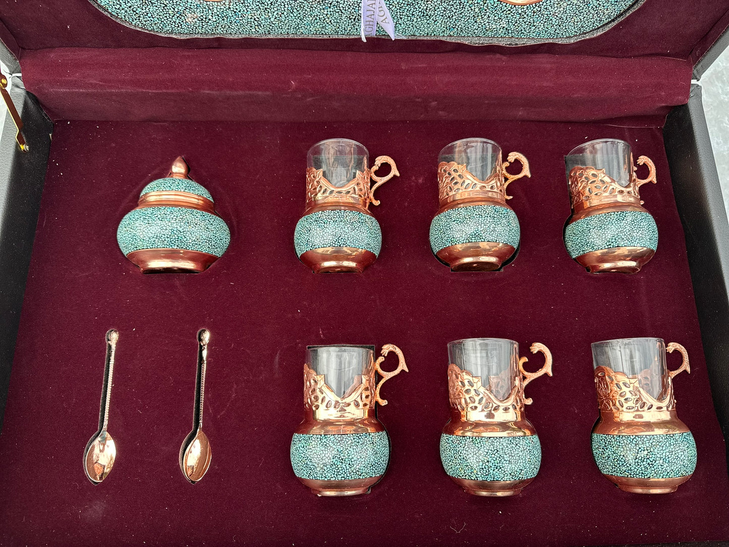 Handmade Persian Turquoise Inlaid Copper (Firoozeh Koobi) VIP Tea Gift Set. A handmade decorative centerpiece, perfect for gifts or home décor.