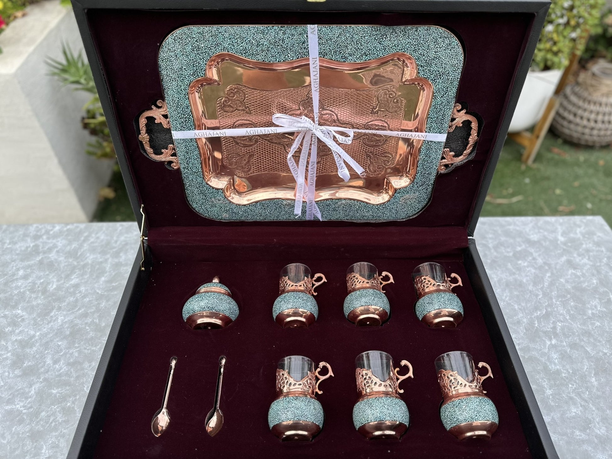 Handmade Persian Turquoise Inlaid Copper (Firoozeh Koobi) VIP Tea Gift Set. A handmade decorative centerpiece, perfect for gifts or home décor.