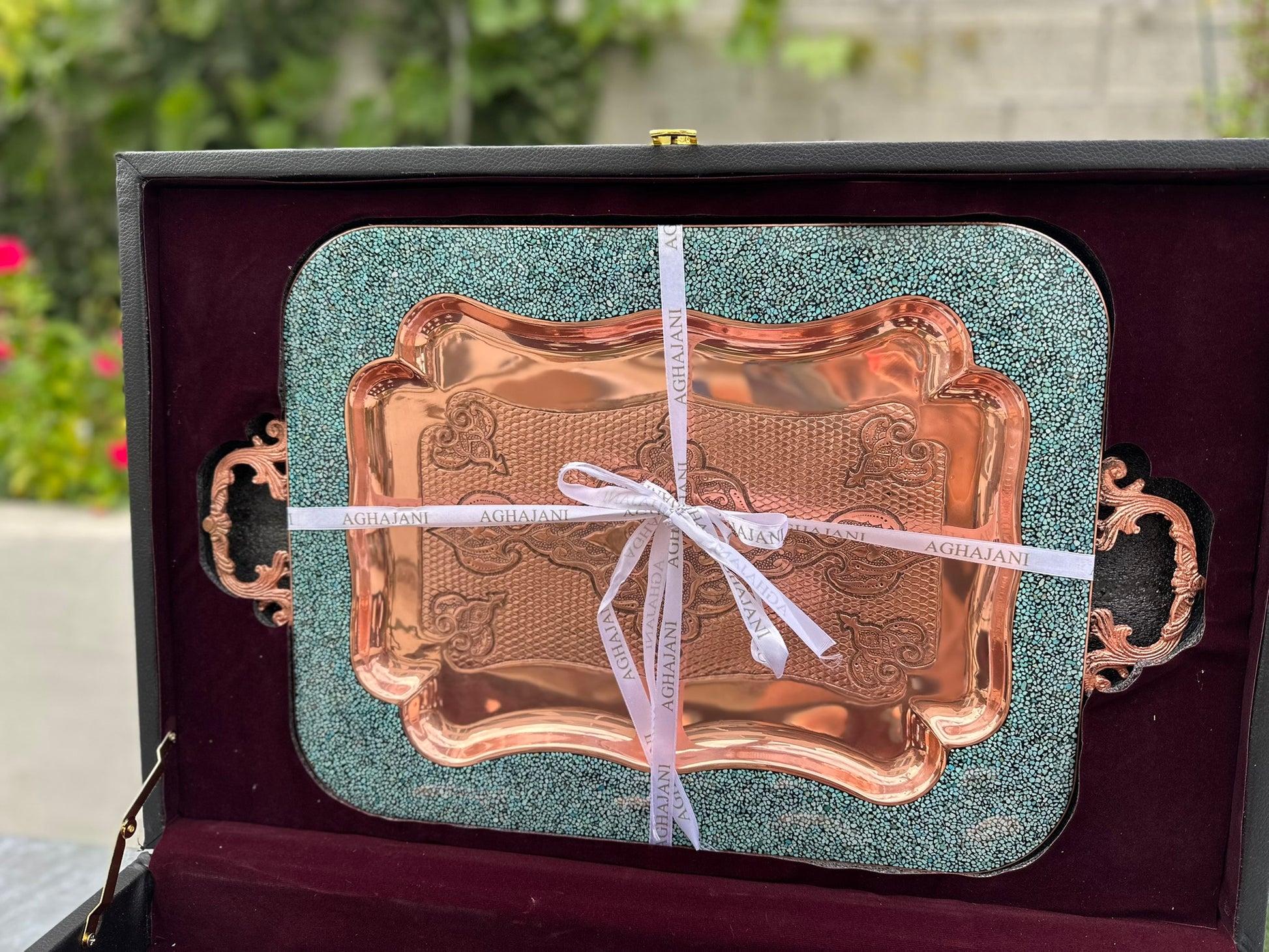 Handmade Persian Turquoise Inlaid Copper (Firoozeh Koobi) VIP Tea Gift Set. A handmade decorative centerpiece, perfect for gifts or home décor.