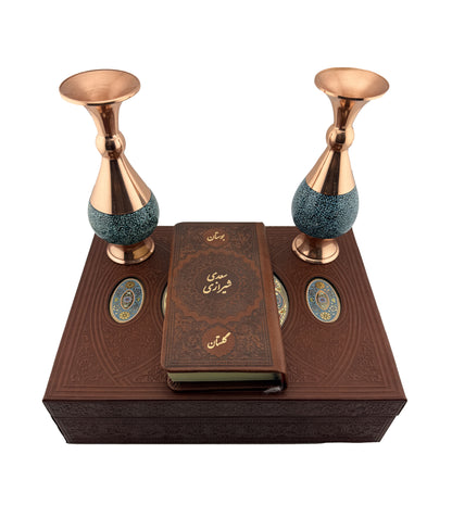 ست بوستان و گلستان سعدی با دو گلدان فیروزه - Bustan and Golestan Saadi Gift Set