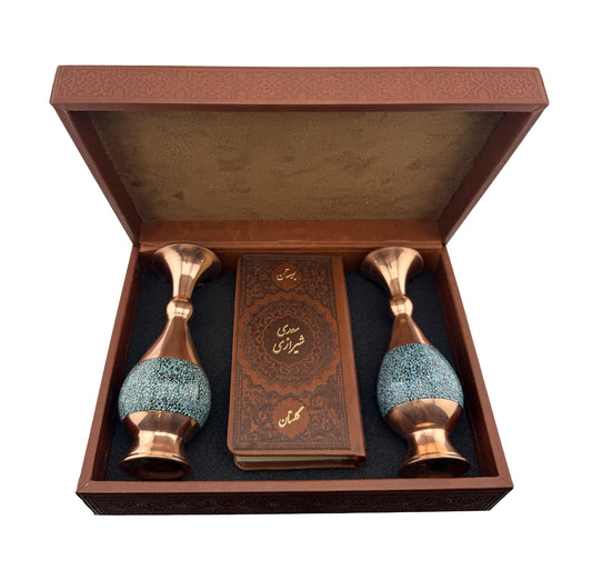 ست بوستان و گلستان سعدی با دو گلدان فیروزه - Bustan and Golestan Saadi Gift Set