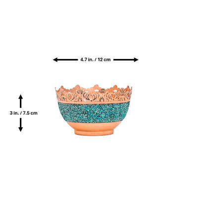Handmade Persian Turquoise Inlaid Copper (Firoozeh Koobi) bowl. A unique decorative art piece, perfect for home décor, gifts, or collectibles.