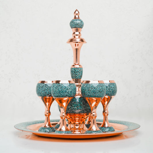 Handmade Persian Turquoise Inlaid Copper (Firoozeh Koobi) Wine Decanter Gift Set. A handmade decorative centerpiece, perfect for gifts or home décor.