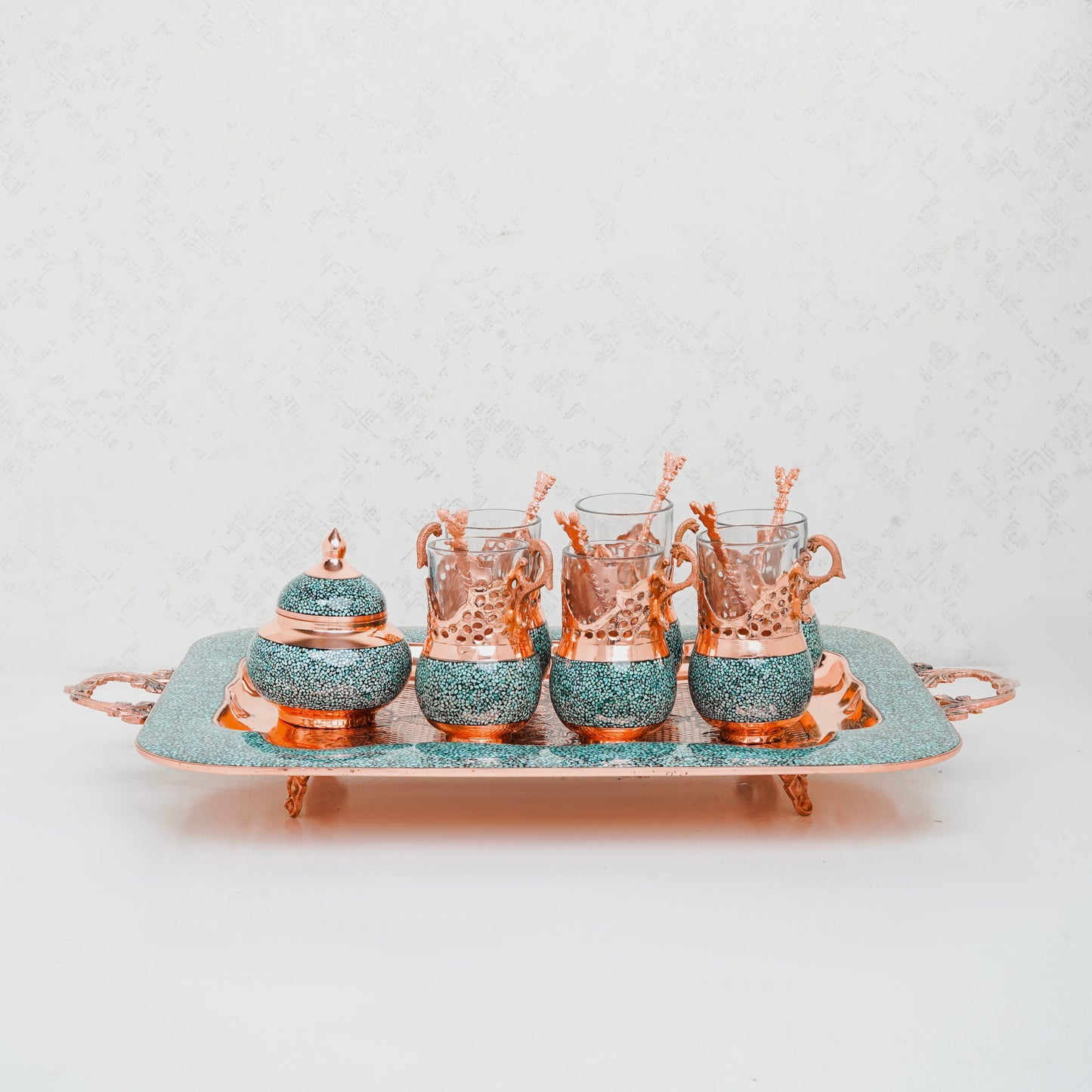 Handmade Persian Turquoise Inlaid Copper (Firoozeh Koobi) VIP Tea Gift Set. A handmade decorative centerpiece, perfect for gifts or home décor.