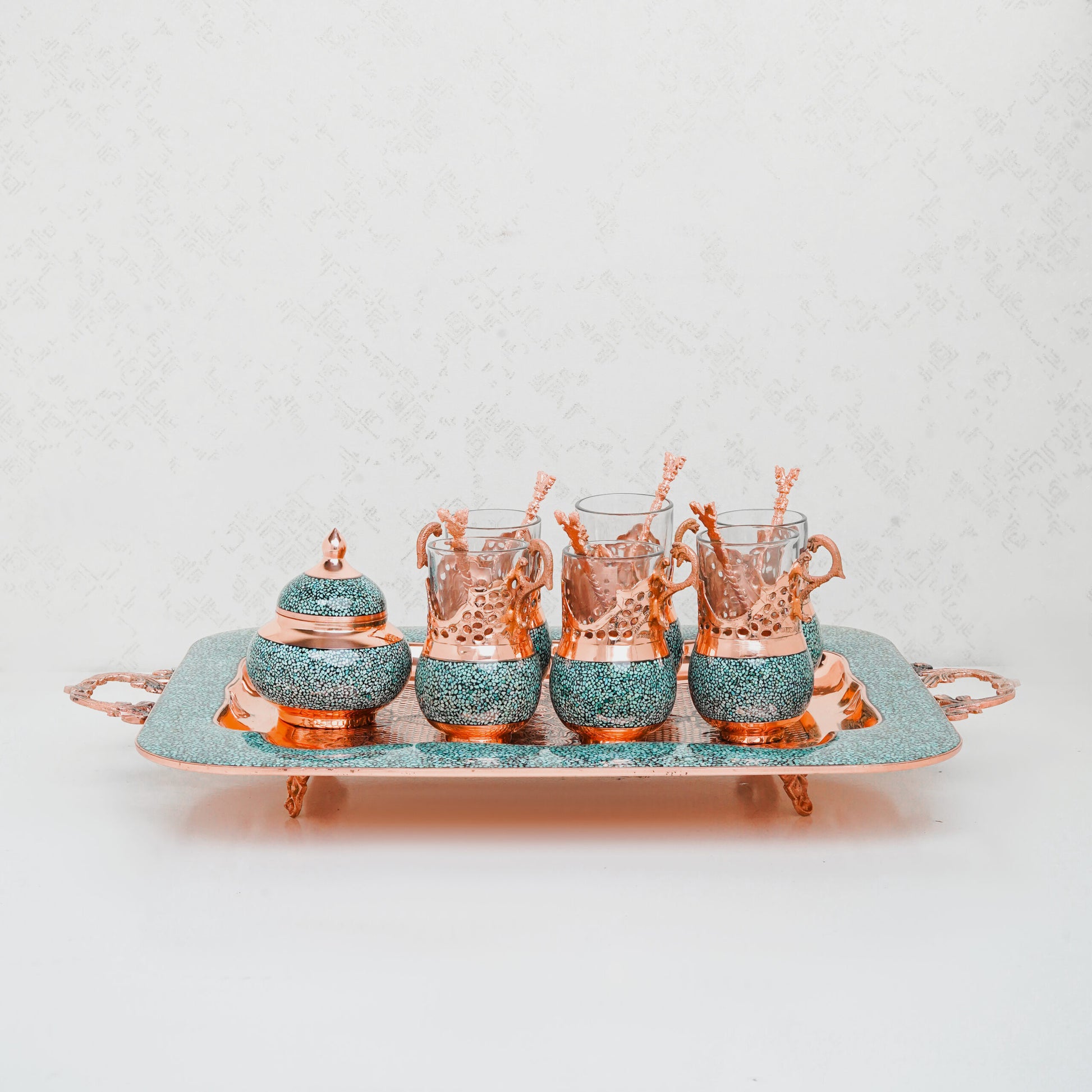 Handmade Persian Turquoise Inlaid Copper (Firoozeh Koobi) VIP Tea Gift Set. A handmade decorative centerpiece, perfect for gifts or home décor.