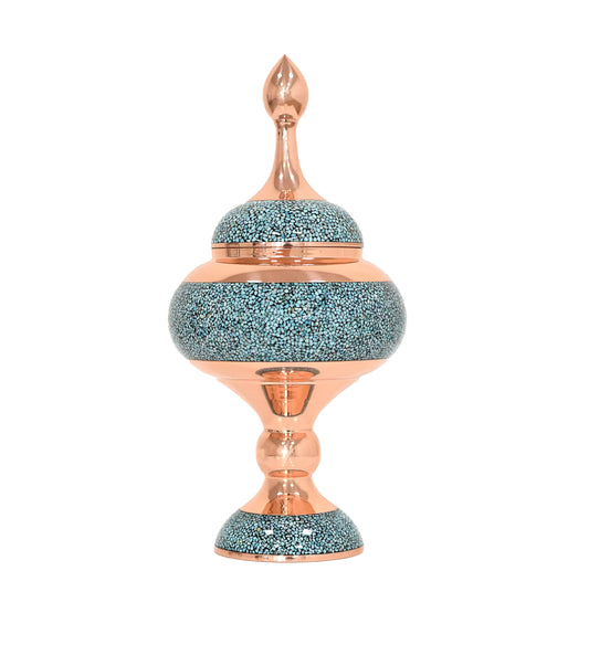 Handmade Persian Turquoise Inlaid Copper (Firoozeh Koobi) candy Pot. A unique decorative art piece, perfect for home décor, gifts, or collectibles.