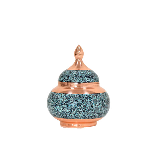 Handmade Persian Turquoise Inlaid Copper (Firoozeh Koobi) Sugar Pot. A unique decorative art piece, perfect for home décor, gifts, or collectibles.