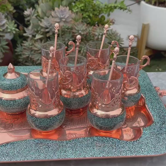 Handmade Persian Turquoise Inlaid Copper (Firoozeh Koobi) VIP Tea Gift Set. A handmade decorative centerpiece, perfect for gifts or home décor.