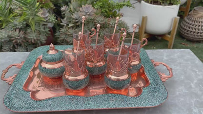 Handmade Persian Turquoise Inlaid Copper (Firoozeh Koobi) VIP Tea Gift Set. A handmade decorative centerpiece, perfect for gifts or home décor.