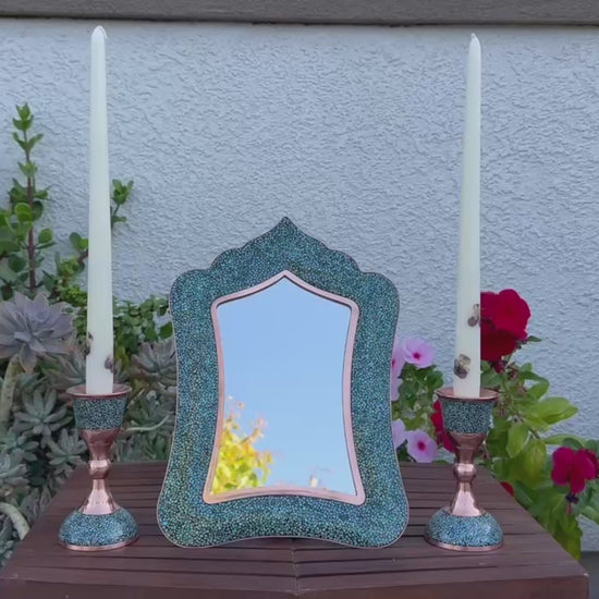 Handmade Turquoise Inlaid Copper (Firoozeh Koobi) Mirror. A unique decorative art piece, perfect for home décor, gifts, or collectibles.